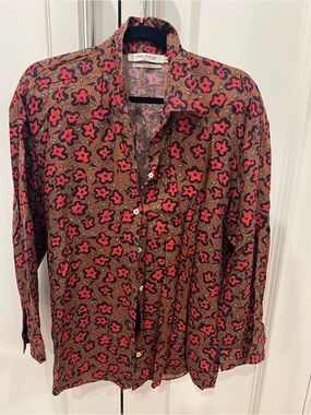 Nice Things Men’s Brown Button-Down Shirt with Red Floral Print